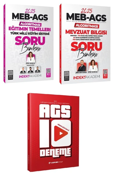 İndeks + Uzman 2025 MEB-AGS Eğitimin Temelleri + Mevzuat Bilgisi Soru + 10 Deneme 3 lü Set