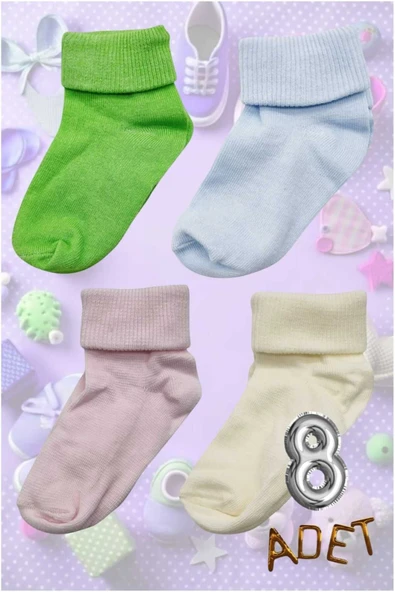 Organik Pamuklu Dört Mevsim 8'li  Bebek Çorabı Renkli Bebek Çorap