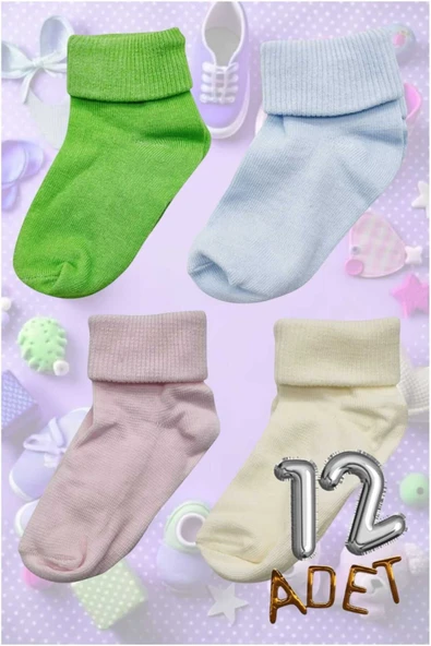 Organik Pamuklu Dört Mevsim 12'li  Bebek Çorabı Renkli Bebek Çorap - 7