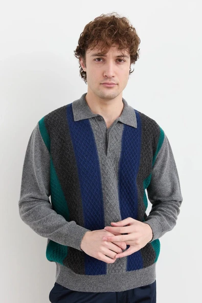 Desen Erkek Uzun Kol Polo Yaka Kazak - Vintage Minimalist Stil - 11