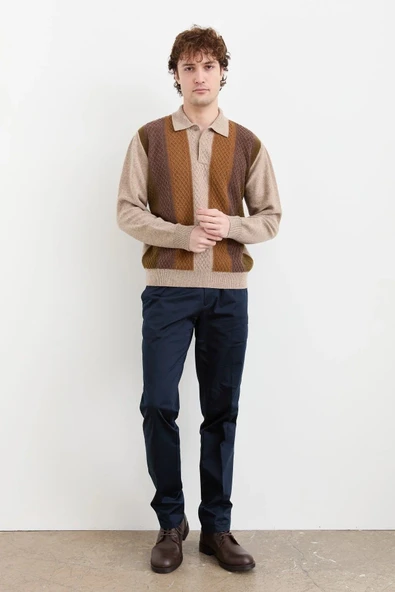 Desen Erkek Uzun Kol Polo Yaka Kazak - Vintage Minimalist Stil