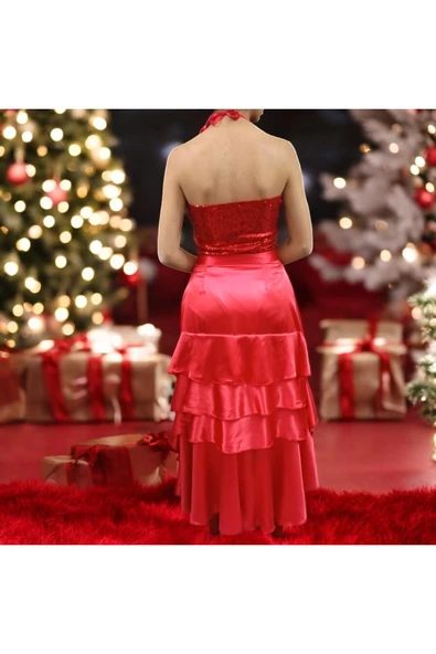 Kırmızı flamingo etek/Pul payet çıtçıtlı body - 3