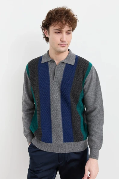 Desen Erkek Uzun Kol Polo Yaka Kazak - Vintage Minimalist Stil - 12