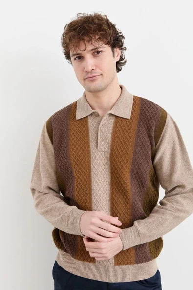 Desen Erkek Uzun Kol Polo Yaka Kazak - Vintage Minimalist Stil - 3