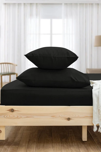 Shopyteks Düz Siyah Çift Kişilik Lastikli Çarşaf Seti Battal Boy 180x200 - Resim 4