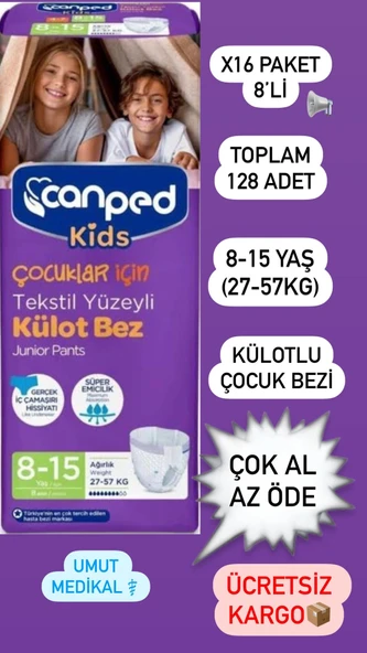 Canped Kids Çoçuklar Için Külot Bez Tekstil Yüzeyli Yaş:8-15 (27-57kg) 128 Adet (16pkx8)