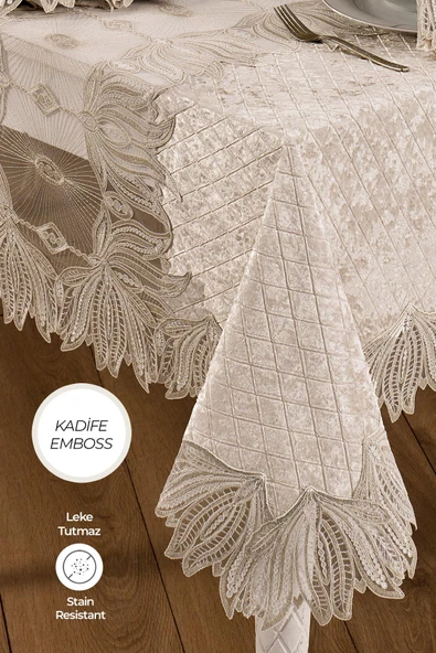 Kadife Lüks Masa Örtüsü Tek Parça Dantelli Güpürlü Vels Yıkanabilir Yumuşak Mutfak Günlük - 6