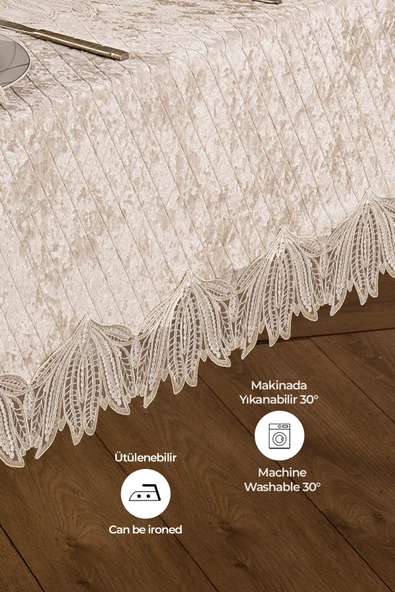 Kadife Lüks Masa Örtüsü Tek Parça Dantelli Güpürlü Vels Yıkanabilir Yumuşak Mutfak Günlük - 7
