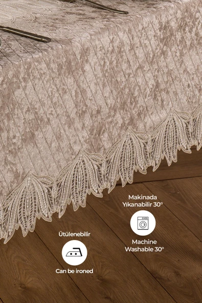 Kadife Lüks Masa Örtüsü Tek Parça Dantelli Güpürlü Vels Yıkanabilir Yumuşak Mutfak Günlük - 11