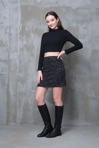 Füme Leopar Mini Etek Dar Spor Kesim Toparlayıcı Korse Kemer Bir Beden Ince Görünüm Esnek Boy45cm - 7