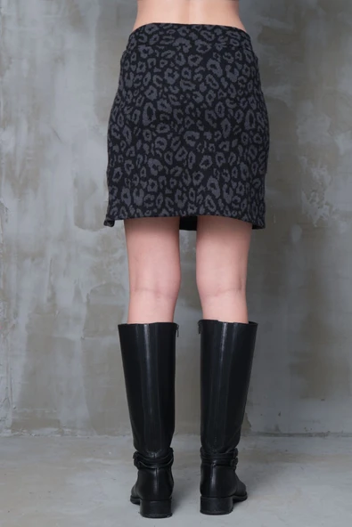 Füme Leopar Desenli Yırtmaçlı Mini Etek Esnek Kumaş İç Göstermez Yüksek Bel Boy45cm