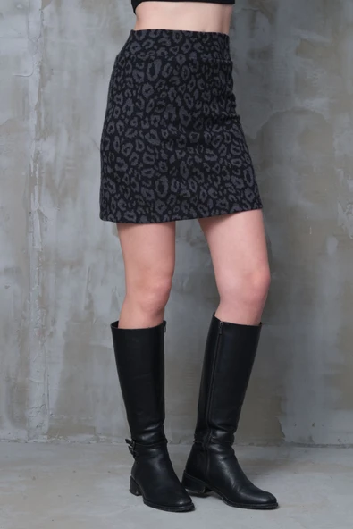 Füme Leopar Mini Etek Dar Spor Kesim Toparlayıcı Korse Kemer Bir Beden Ince Görünüm Esnek Boy45cm - 3