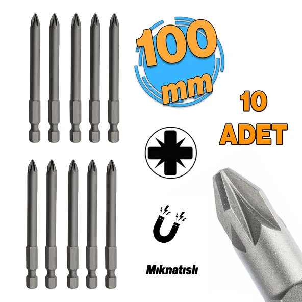 Mıknatıslı Pozidriv Bits Uç PZ2 100 mm 10'lu Set Kutulu Manyetik 1/4" Matkap Ucu 10 cm