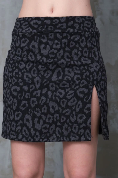 Füme Leopar Desenli Yırtmaçlı Mini Etek Esnek Kumaş İç Göstermez Yüksek Bel Boy45cm - 8