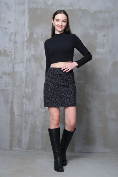 Füme Leopar Mini Etek Dar Spor Kesim Toparlayıcı Korse Kemer Bir Beden Ince Görünüm Esnek Boy45cm - 2