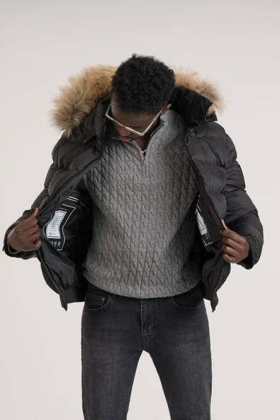 Slimfit Kürklü Kapşonlu (Kürk ve Kapşon Çıkmalı) Beli Lastikli Şişme Mont - Resim 12