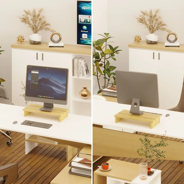 Erc Monifleks Tekli Ergonomik Monitör Altlığı, Monitör Yükseltici Safir Meşe - Resim 2
