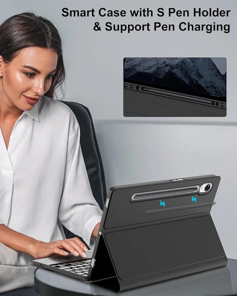 Samsung Galaxy Tab S9 Fe 10.9" Q Türkçe Klavyeli Kılıf Kalem Bölmeli Bluetooth Özellikli Standlı  SİYAH - 3