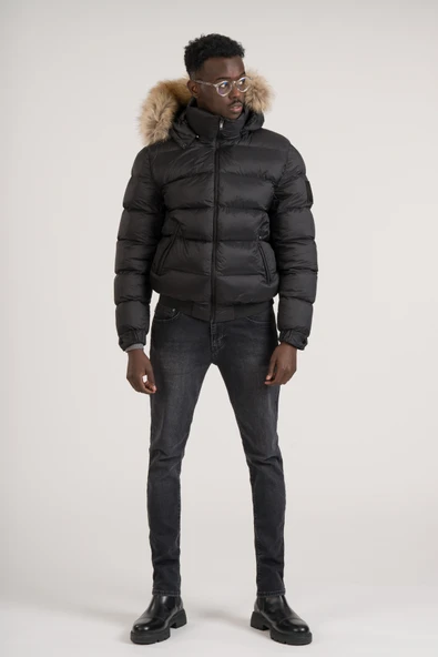 Slimfit Kürklü Kapşonlu (Kürk ve Kapşon Çıkmalı) Beli Lastikli Şişme Mont - Resim 8