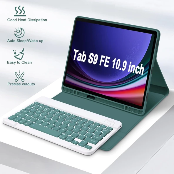 Samsung Galaxy Tab S9 Fe 10.9" Q Türkçe Klavyeli Kılıf Kalem Bölmeli Bluetooth Özellikli Standlı  YEŞİL - 6