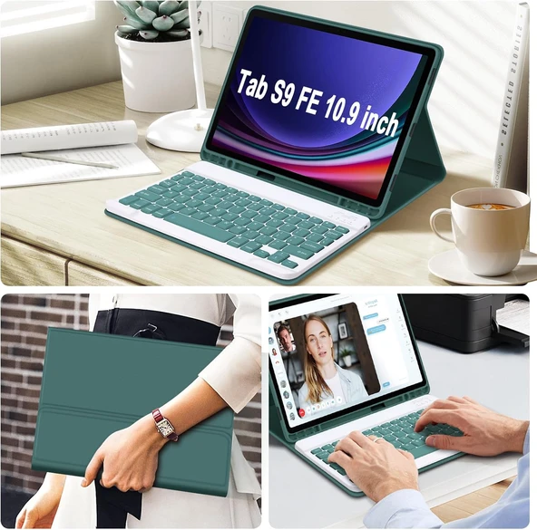 Samsung Galaxy Tab S9 Fe 10.9" Q Türkçe Klavyeli Kılıf Kalem Bölmeli Bluetooth Özellikli Standlı  YEŞİL - 7