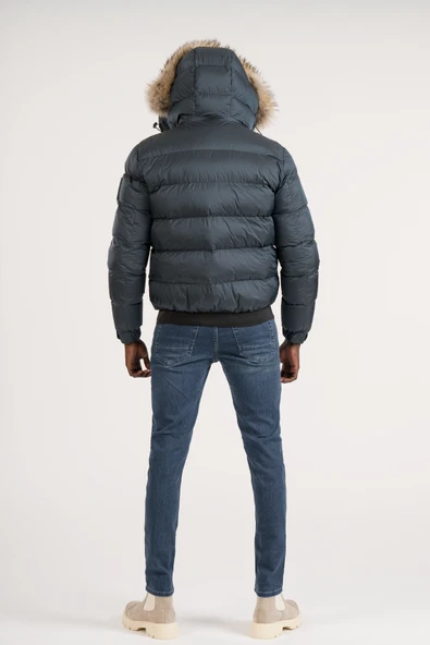 Slimfit Kürklü Kapşonlu (Kürk ve Kapşon Çıkmalı) Beli Lastikli Şişme Mont - Resim 5