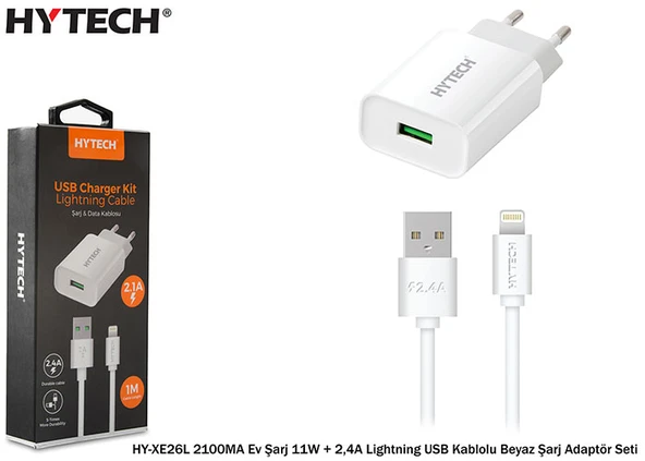 Hytech HY-XE26L 2100MA Ev Şarj 11W + 2,4A Lightning USB Kablolu Beyaz Şarj Adaptör Seti