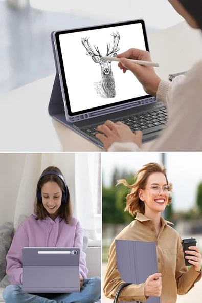 Samsung Galaxy Tab S9 Fe 10.9" Q Türkçe Klavyeli Kılıf Kalem Bölmeli Bluetooth Özellikli Standlı  LAVANTA - Resim 3