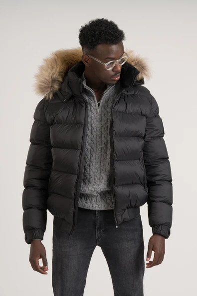 Slimfit Kürklü Kapşonlu (Kürk ve Kapşon Çıkmalı) Beli Lastikli Şişme Mont - Resim 11