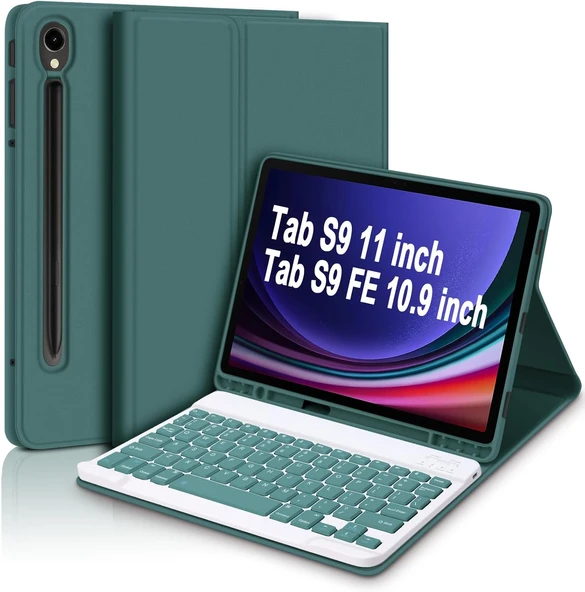 Samsung Galaxy Tab S9 Fe 10.9" Q Türkçe Klavyeli Kılıf Kalem Bölmeli Bluetooth Özellikli Standlı  YEŞİL