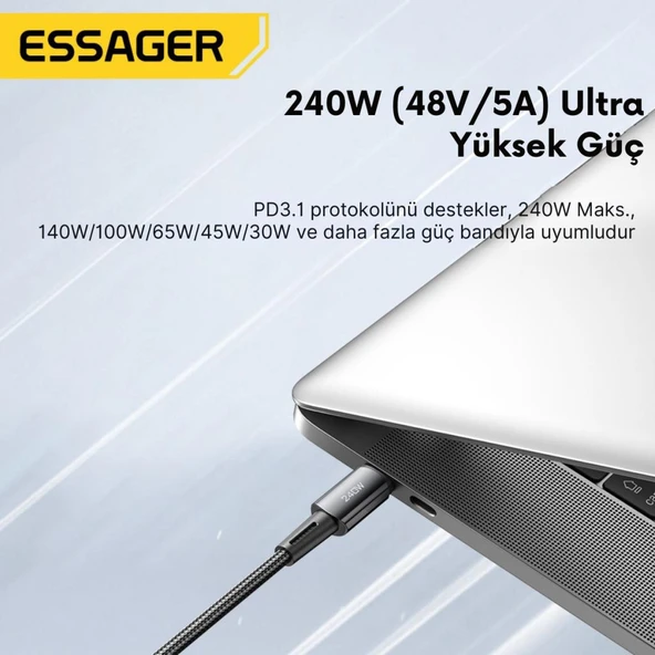 Essager 1 Metre 240W 5A PD3.1 Type-C to Type-C Mega Hızlı Data Şarj Kablosu, Ultra Sağlam Halat Kablo Kopmaz - Resim 4