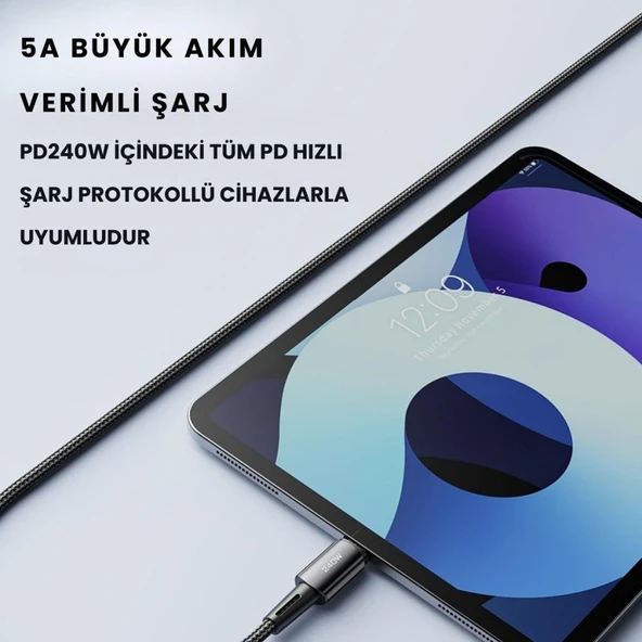 Essager 2 Metre 240W 5A PD3.1 Type-C to Type-C Mega Hızlı Data Şarj Kablosu, Ultra Sağlam Halat Kablo Kopmaz - 6