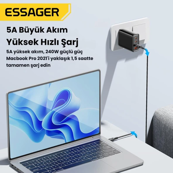 Essager 2 Metre 240W 5A PD3.1 Type-C to Type-C Mega Hızlı Data Şarj Kablosu, Ultra Sağlam Halat Kablo Kopmaz - 5