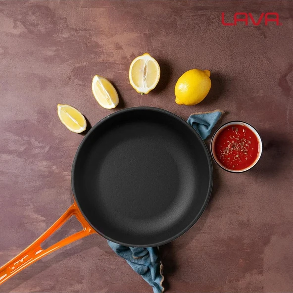 Lava Yuvarlak Metal Saplı Turuncu 24 cm Demir Döküm Kızartma Tavası - 7