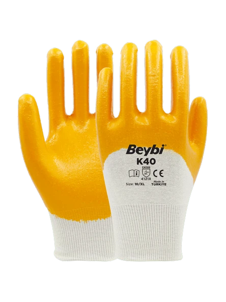 Beybi K40 Nitril PMK 10 Beden Nitril Kaplı Pamuk Eldiven 12li Paket (EN388 Değeri;4121X)