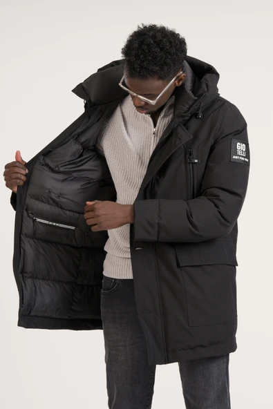 Regular Fit Kapşonlu Boyun Destekli Yan Cepli Uzun Şişme Mont - 9