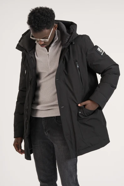 Regular Fit Kapşonlu Boyun Destekli Yan Cepli Uzun Şişme Mont - 12