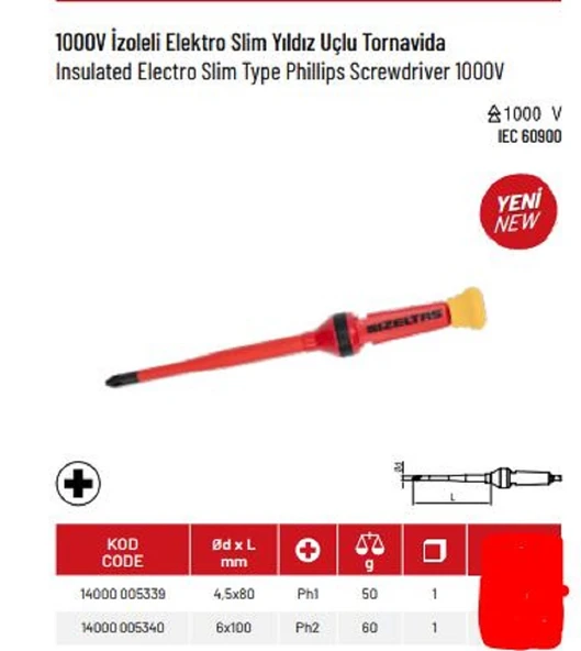 İZELTAŞ İZOLELİ ELEKTROSLİM YILDIZ UÇLU TORNAVİDA PH1 4,5x80 1000V