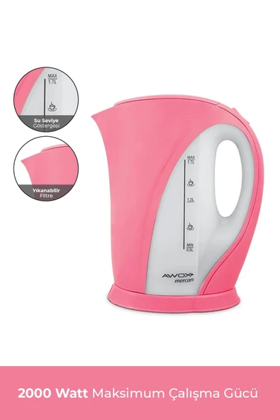 AWOX Mercan Kettle Pembe, Mercan Kettle 1,7 Litre Su Isıtıcısı 2000 W - 2