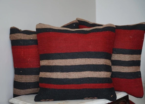 40x40 El Yapımı Vintage Kırmızı Siyah Kilim Yastık Kılıfı, Bohem Dekoratif Yastık, Harika Ev Dekoru - 4