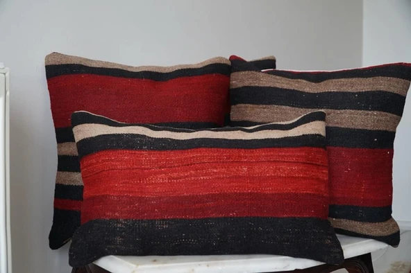 40x40 El Yapımı Vintage Kırmızı Siyah Kilim Yastık Kılıfı, Bohem Dekoratif Yastık, Harika Ev Dekoru - 5