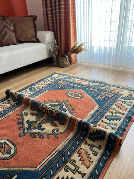 130x180 cm Büyük Boy Doğal Desenli Vintage, El Dokuma Anadolu Yün Halı, Harika Kondisyonlu Mavi Renkli Antik Halı - 5