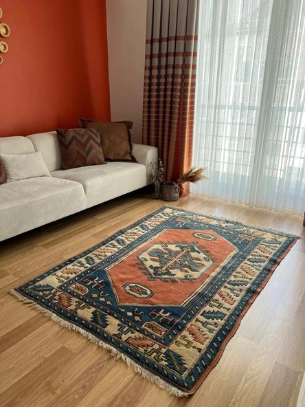 130x180 cm Büyük Boy Doğal Desenli Vintage, El Dokuma Anadolu Yün Halı, Harika Kondisyonlu Mavi Renkli Antik Halı - 10