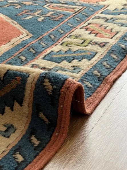 130x180 cm Büyük Boy Doğal Desenli Vintage, El Dokuma Anadolu Yün Halı, Harika Kondisyonlu Mavi Renkli Antik Halı - 2