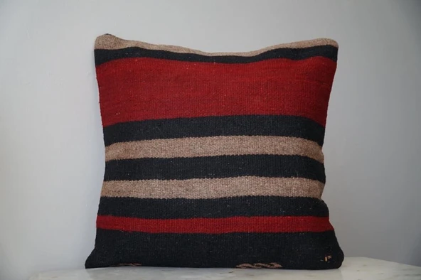 40x40 El Yapımı Vintage Kırmızı Siyah Kilim Yastık Kılıfı, Bohem Dekoratif Yastık, Harika Ev Dekoru - 8