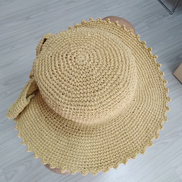 KADIN EL ÖRGÜSÜ AÇIK CAMEL HASIR ŞAPKA - 3