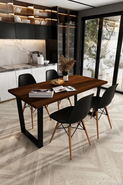 Woodesk  Beril Masif Ceviz Renk 180x80 Sandalyeli Masa Takımı