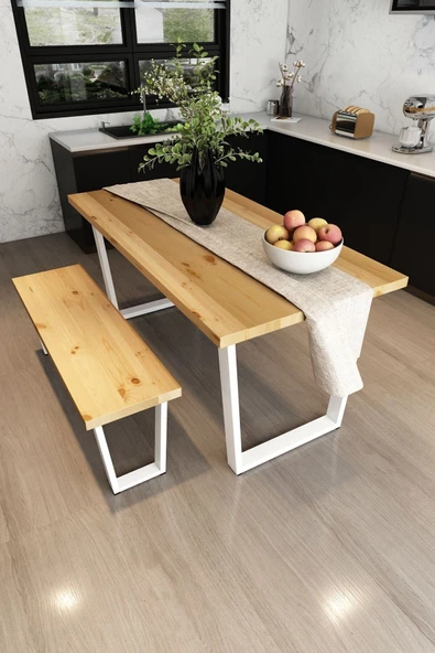 Woodesk  Mayıs Masif Natural Renk 180x80 Banklı Yemek Masası