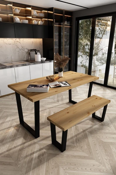 Woodesk  Eylül Masif Natural Renk 180x80 Banklı Yemek Masası