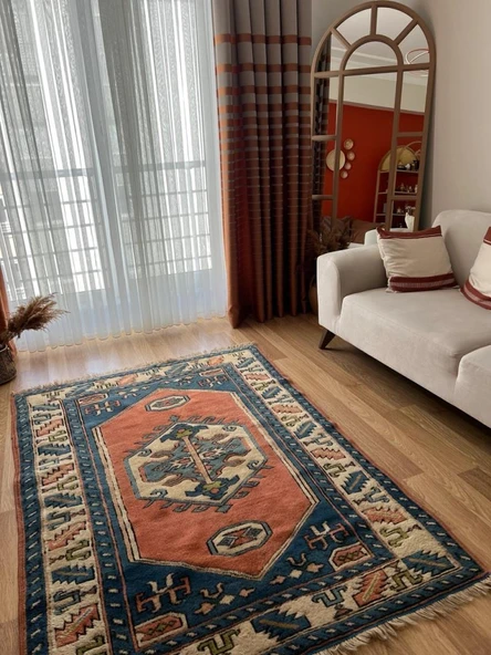 130x180 cm Büyük Boy Doğal Desenli Vintage, El Dokuma Anadolu Yün Halı, Harika Kondisyonlu Mavi Renkli Antik Halı - 7